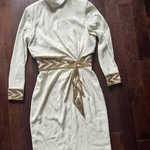 Bob Mackie Ivory Long-Sleeve Dress with Gold Beaded Waist